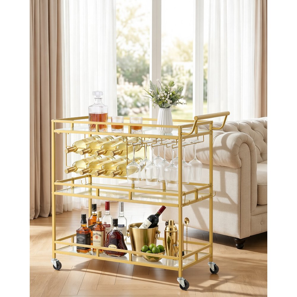 VEVOR Bar Cart, 3 Tiers Home Kitchen Serving Carts, Modern Rolling Utility Station on Wheels, Drink Beverage Trolley with Tempered Glass Shelves, Wine Rack, Glass Holder, for Living Dining Room, Gold