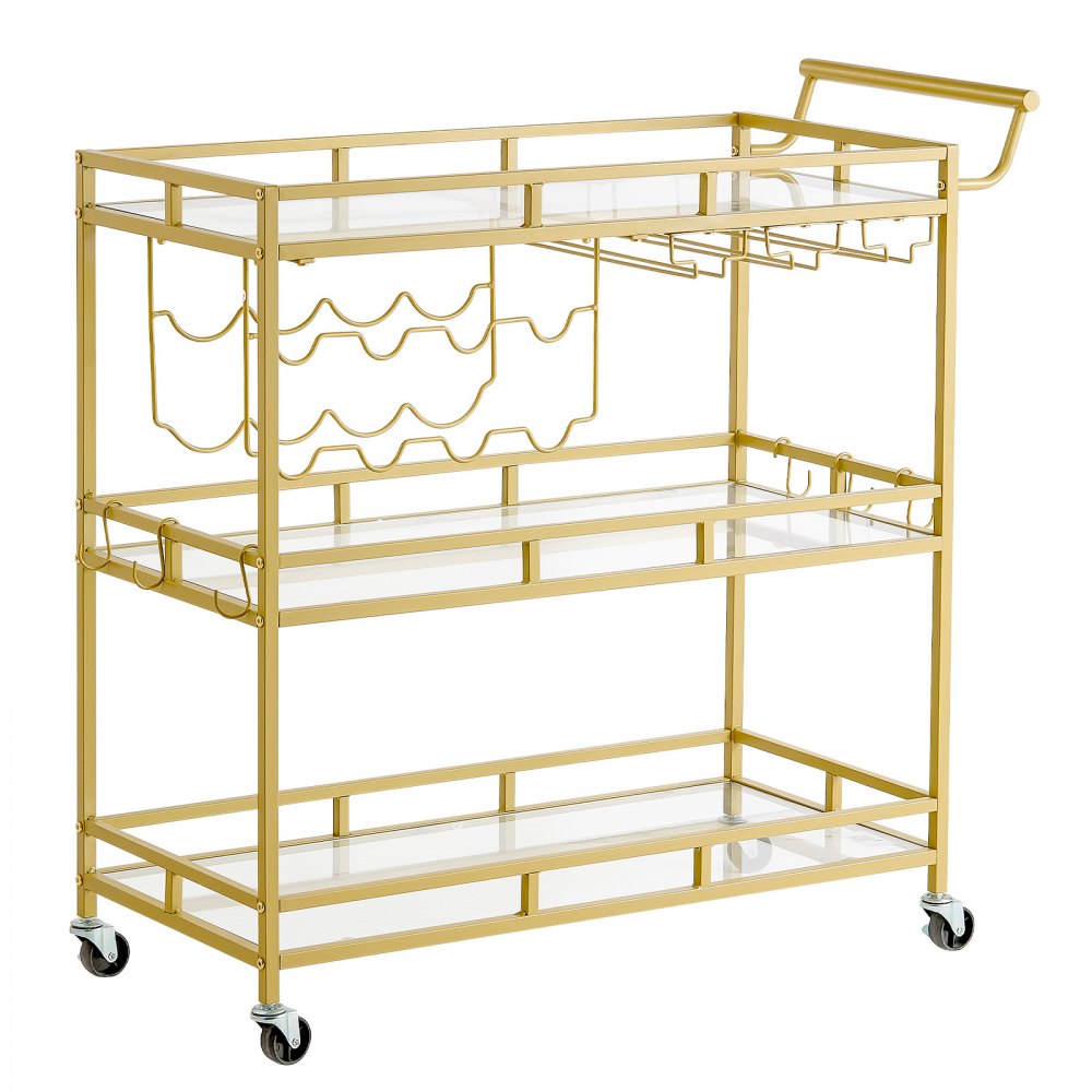 VEVOR Bar Cart, 3 Tiers Home Kitchen Serving Carts, Modern Rolling Utility Station on Wheels, Drink Beverage Trolley with Tempered Glass Shelves, Wine Rack, Glass Holder, for Living Dining Room, Gold