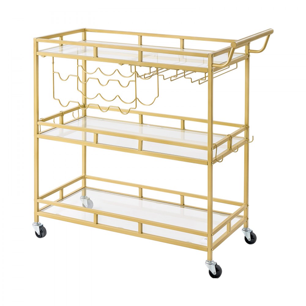 VEVOR Bar Cart, 3 Tiers Home Kitchen Serving Carts, Modern Rolling Utility Station on Wheels, Drink Beverage Trolley with Tempered Glass Shelves, Wine Rack, Glass Holder, for Living Dining Room, Gold