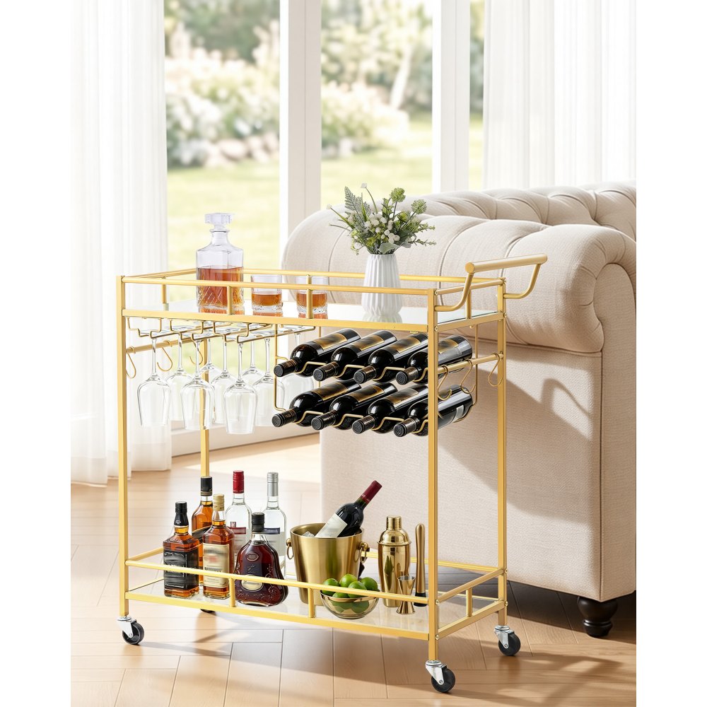 VEVOR Bar Cart, 2 Tiers Home Kitchen Serving Carts, Modern Rolling Utility Station on Wheels, Drink Beverage Trolley with Mirrored Glass Shelves, Wine Rack, Glass Holder, for Living Dining Room, Gold