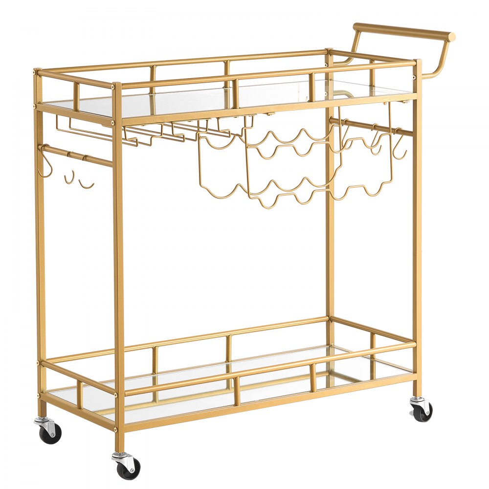 VEVOR Bar Cart, 2 Tiers Home Kitchen Serving Carts, Modern Rolling Utility Station on Wheels, Drink Beverage Trolley with Mirrored Glass Shelves, Wine Rack, Glass Holder, for Living Dining Room, Gold