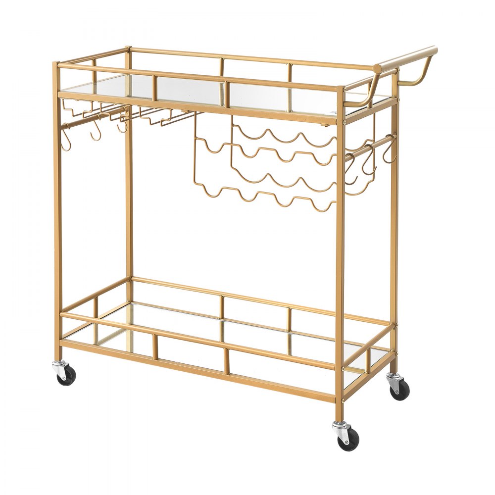 VEVOR Bar Cart, 2 Tiers Home Kitchen Serving Carts, Modern Rolling Utility Station on Wheels, Drink Beverage Trolley with Mirrored Glass Shelves, Wine Rack, Glass Holder, for Living Dining Room, Gold