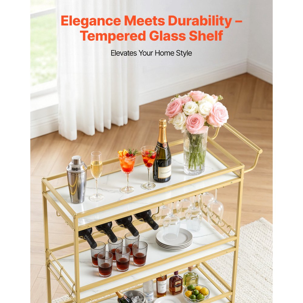 VEVOR Bar Cart, 3 Tiers Home Kitchen Serving Carts, Modern Rolling Utility Station on Wheels, Mobile Drink Beverage Trolley with Wooden Shelf, Wine Rack, and Glass Holder, 35.83x12.99x36.81 in, Gold