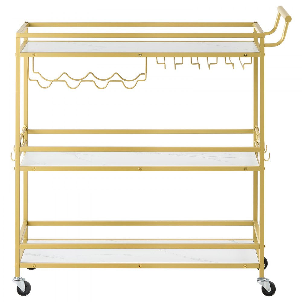 VEVOR Bar Cart, 3 Tiers Home Kitchen Serving Carts, Modern Rolling Utility Station on Wheels, Mobile Drink Beverage Trolley with Wooden Shelf, Wine Rack, and Glass Holder, 35.83x12.99x36.81 in, Gold