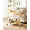 VEVOR Bar Cart, 2 Tiers Home Kitchen Serving Carts, Modern Rolling Utility Station on Wheel, Mobile Drink Beverage Trolley with Wooden & Mesh Shelf, Wine Rack, Glass Holder, 33.86x11.81x32.68 in, Gold