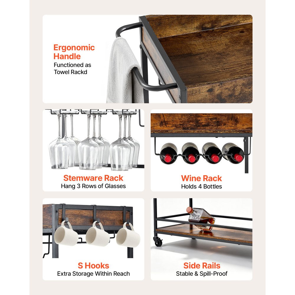 VEVOR Bar Cart, 3 Tiers Home Kitchen Serving Carts, Industrial Rolling Utility Station on Wheel, Mobile Drink Beverage Shelf with Wine Rack & Glass Holder, 34.64x14.17x32.68 in, Rustic Brown and Black