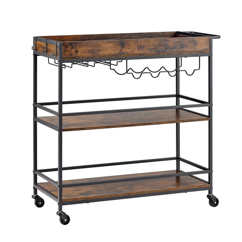 VEVOR Bar Cart, 3 Tiers Home Kitchen Serving Carts, Industrial Rolling Utility Station on Wheel, Mobile Drink Beverage Shelf with Wine Rack & Glass Holder, 34.64x14.17x32.68 in, Rustic Brown and Black