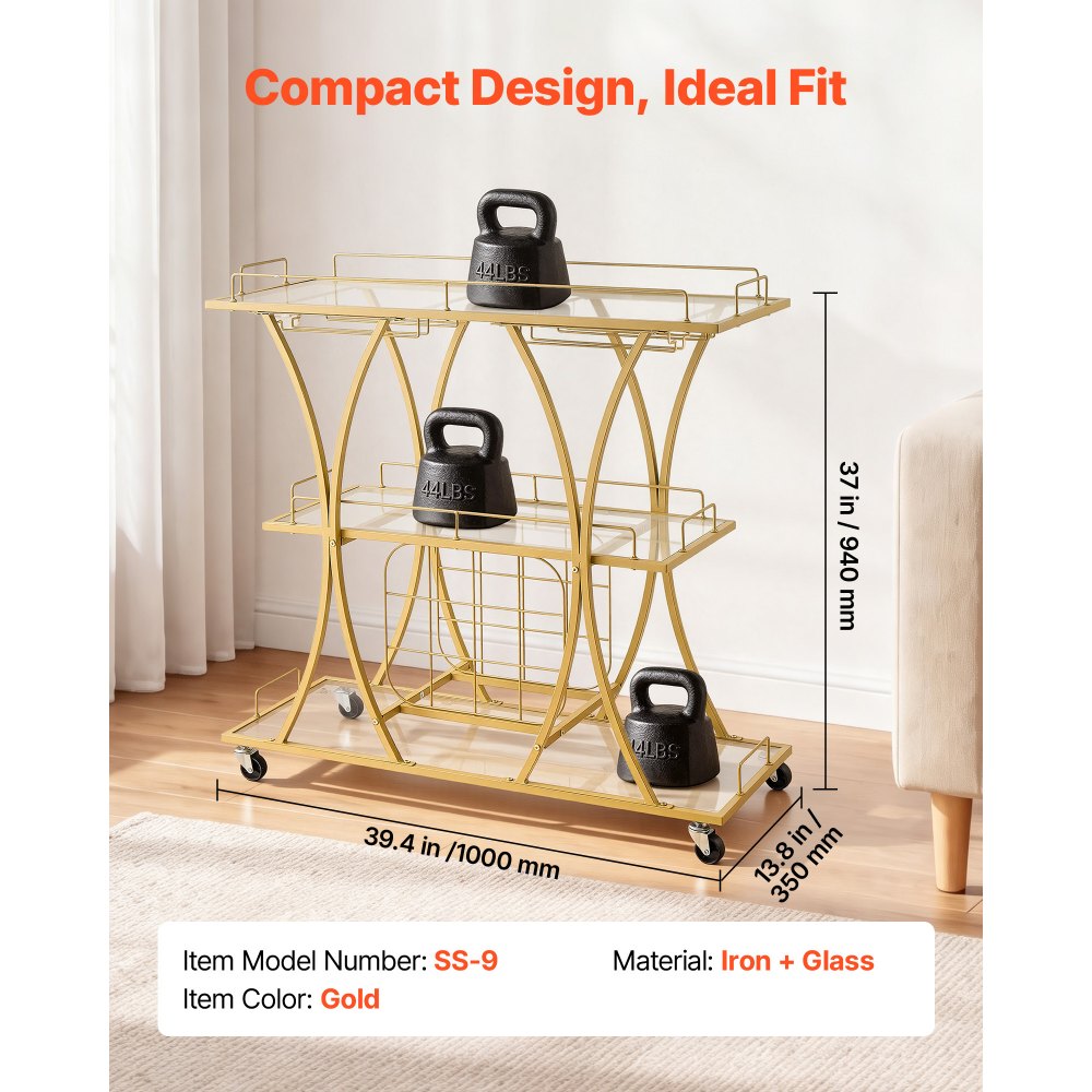 VEVOR Bar Cart, 3 Tiers Home Kitchen Serving Carts, Modern Rolling Utility Station on Wheels, Drink Beverage Trolley with Tempered Glass Shelves, Wine Rack, Glass Holder, for Living Dining Room, Gold