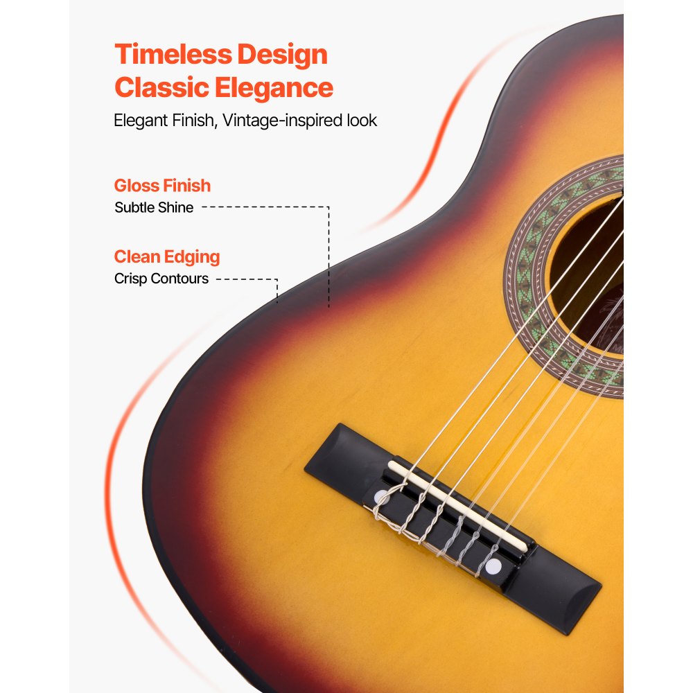 VEVOR Classical Guitar, 30 Inch, Wood Classical Guitar Starter Kit for Beginners, with Nylon Strings, Gig Bag, Strap, Tuner, Extra Strings, Pick, Capo, Basswood, for Kids Girls Boys Students, Sunburst