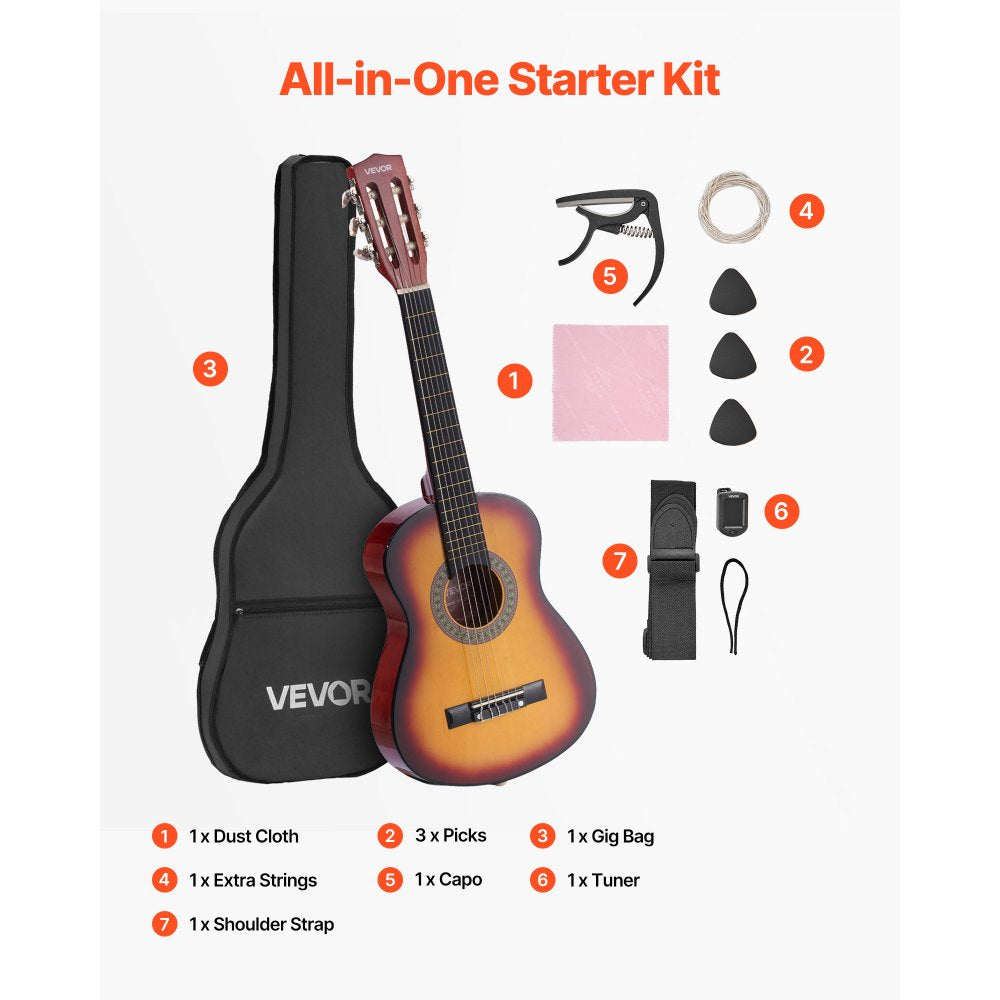 VEVOR Classical Guitar, 30 Inch, Wood Classical Guitar Starter Kit for Beginners, with Nylon Strings, Gig Bag, Strap, Tuner, Extra Strings, Pick, Capo, Basswood, for Kids Girls Boys Students, Sunburst