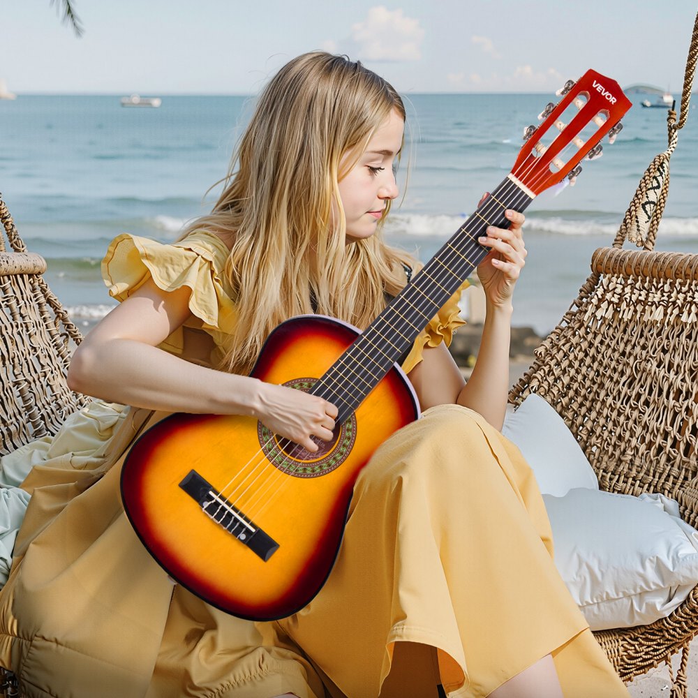 VEVOR Classical Guitar, 30 Inch, Wood Classical Guitar Starter Kit for Beginners, with Nylon Strings, Gig Bag, Strap, Tuner, Extra Strings, Pick, Capo, Basswood, for Kids Girls Boys Students, Sunburst
