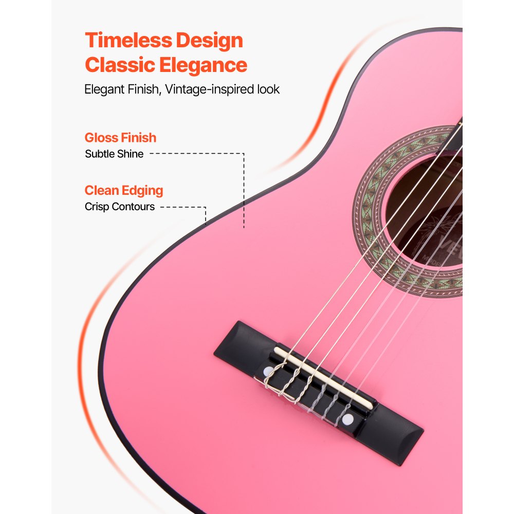 VEVOR Classical Guitar, 30 Inch, Wood Classical Guitar Starter Kit for Beginners, with Nylon Strings, Gig Bag, Strap, Tuner, Extra Strings, Picks, Capo, Basswood, for Kids Girls Boys Students, Pink