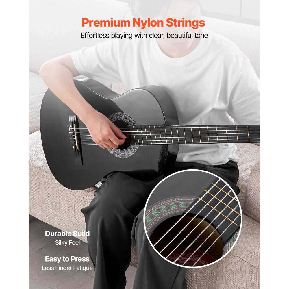 VEVOR Classical Guitar, 30 Inch, Wood Classical Guitar Starter Kit for Beginners, with Nylon Strings, Gig Bag, Strap, Tuner, Extra Strings, Picks, Capo, Basswood, for Kids Girls Boys Students, Black