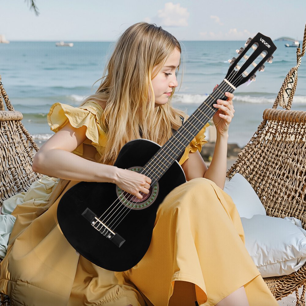 VEVOR Classical Guitar, 30 Inch, Wood Classical Guitar Starter Kit for Beginners, with Nylon Strings, Gig Bag, Strap, Tuner, Extra Strings, Picks, Capo, Basswood, for Kids Girls Boys Students, Black