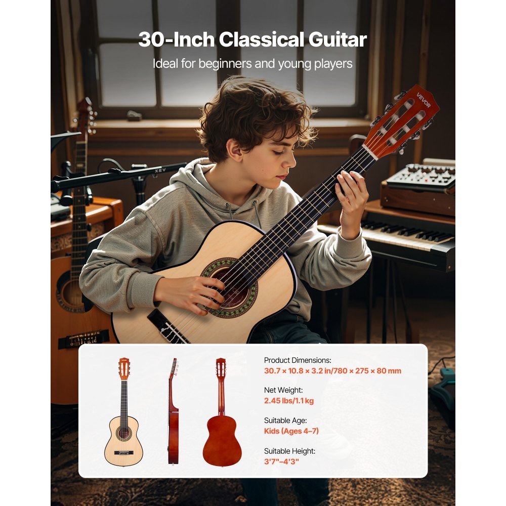 VEVOR Classical Guitar, 30 Inch, Wood Classical Guitar Starter Kit for Beginners, with Nylon Strings, Gig Bag, Strap, Tuner, Extra Strings, Picks, Capo, Basswood, for Kids Girls Boys Students, Natural