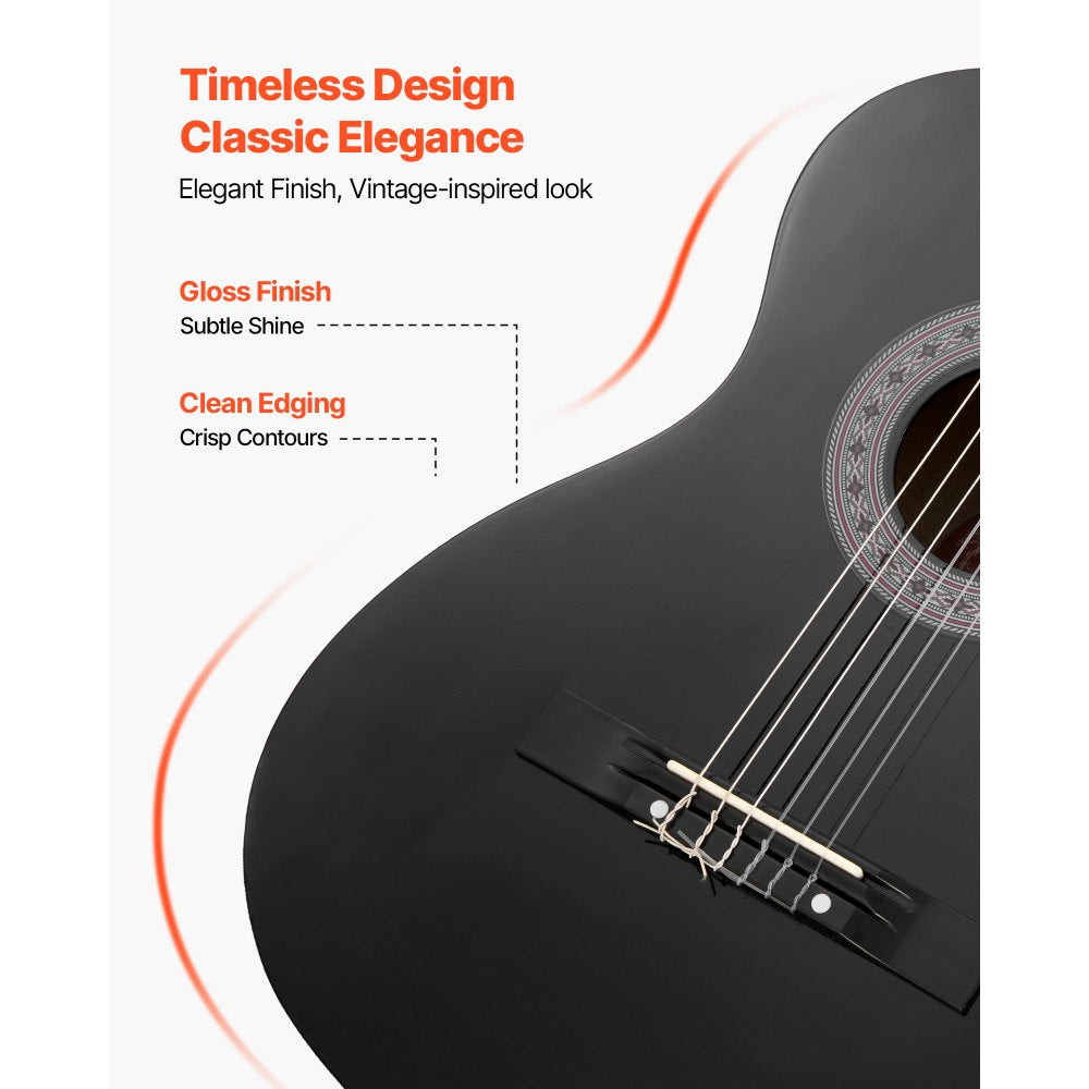 VEVOR Classical Guitar, 38 Inch, Wood Classical Guitar Starter Kit for Beginners, with Nylon Strings, Gig Bag, Strap, Tuner, Extra Strings, Picks, Capo, Basswood, for Teenagers Adults Students, Black