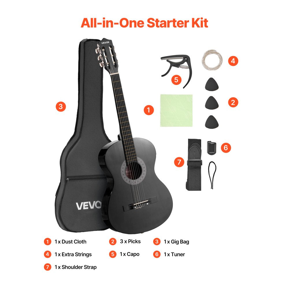 VEVOR Classical Guitar, 38 Inch, Wood Classical Guitar Starter Kit for Beginners, with Nylon Strings, Gig Bag, Strap, Tuner, Extra Strings, Picks, Capo, Basswood, for Teenagers Adults Students, Black