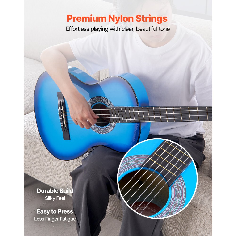 VEVOR Classical Guitar, 38 Inch, Wood Classical Guitar Starter Kit for Beginners, with Nylon Strings, Gig Bag, Strap, Tuner, Extra Strings, Picks, Capo, Basswood, for Teenagers Adults Students, Blue