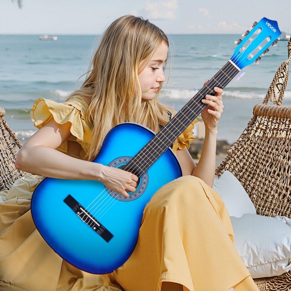 VEVOR Classical Guitar, 38 Inch, Wood Classical Guitar Starter Kit for Beginners, with Nylon Strings, Gig Bag, Strap, Tuner, Extra Strings, Picks, Capo, Basswood, for Teenagers Adults Students, Blue