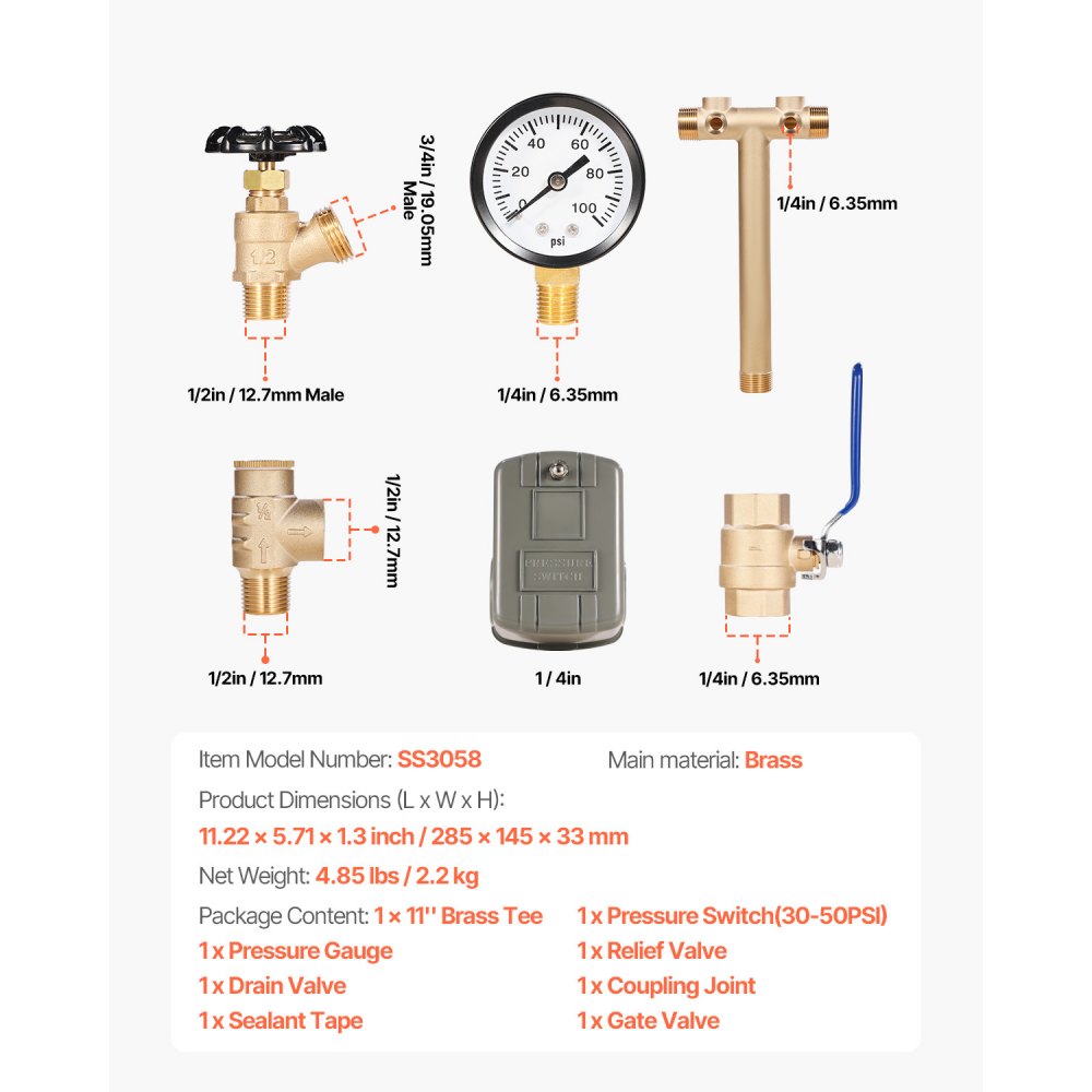 VEVOR 1" x 11" Well Pressure Tank Tee Kit, with 30/50PSI Switch, 8-Pieces Pure Brass Pressure Tank Installation Kit for Water Well, 1 in Gate Valve Included, Fit Most tanks with Diameter up to 16 in