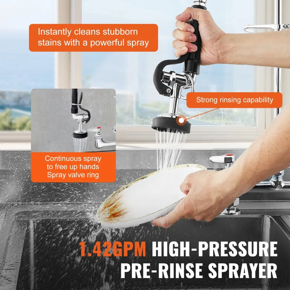 VEVOR Commercial Faucet with Pre-Rinse Sprayer, 26" Height, 8" Center, 12" Swing Spout, Deck Mount Kitchen Sink Faucet, Brass Constructed Device with Pull Down Spray, for 1/2/3 Compartment Sink