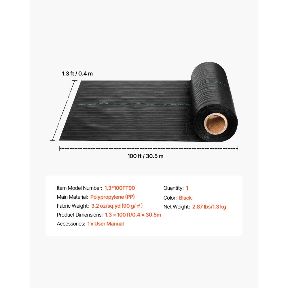 VEVOR Weed Barrier Fabric Heavy Duty, 1.3x100FT 3.2oz Landscape Fabric, Woven Weed Blocker Fabrics, Garden Fabrics Weeds Barrier, Weeds Control Ground Cover, Geotextile Webbing, Gardening Mat, Black