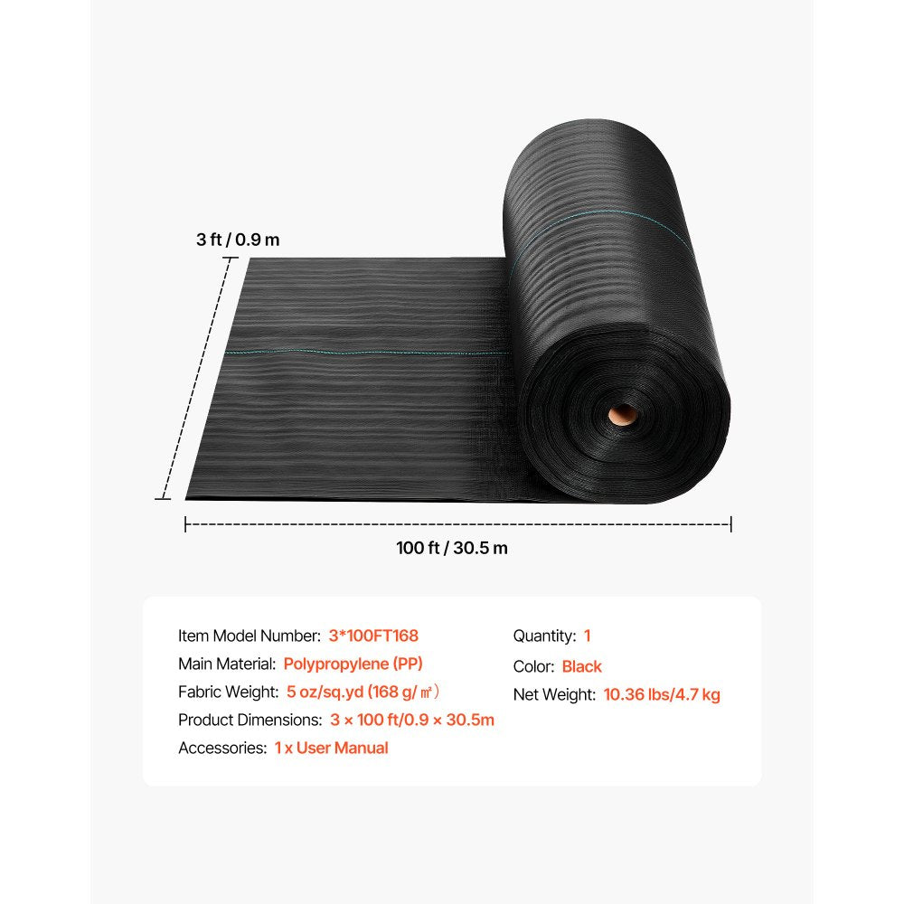 VEVOR Weed Barrier Fabric Heavy Duty, 3x100FT 5oz Landscape Fabric, Woven Weed Blocker Fabrics, Garden Fabrics Weeds Barrier, Weeds Control Ground Cover, Geotextile Webbing, Gardening Mat, Black