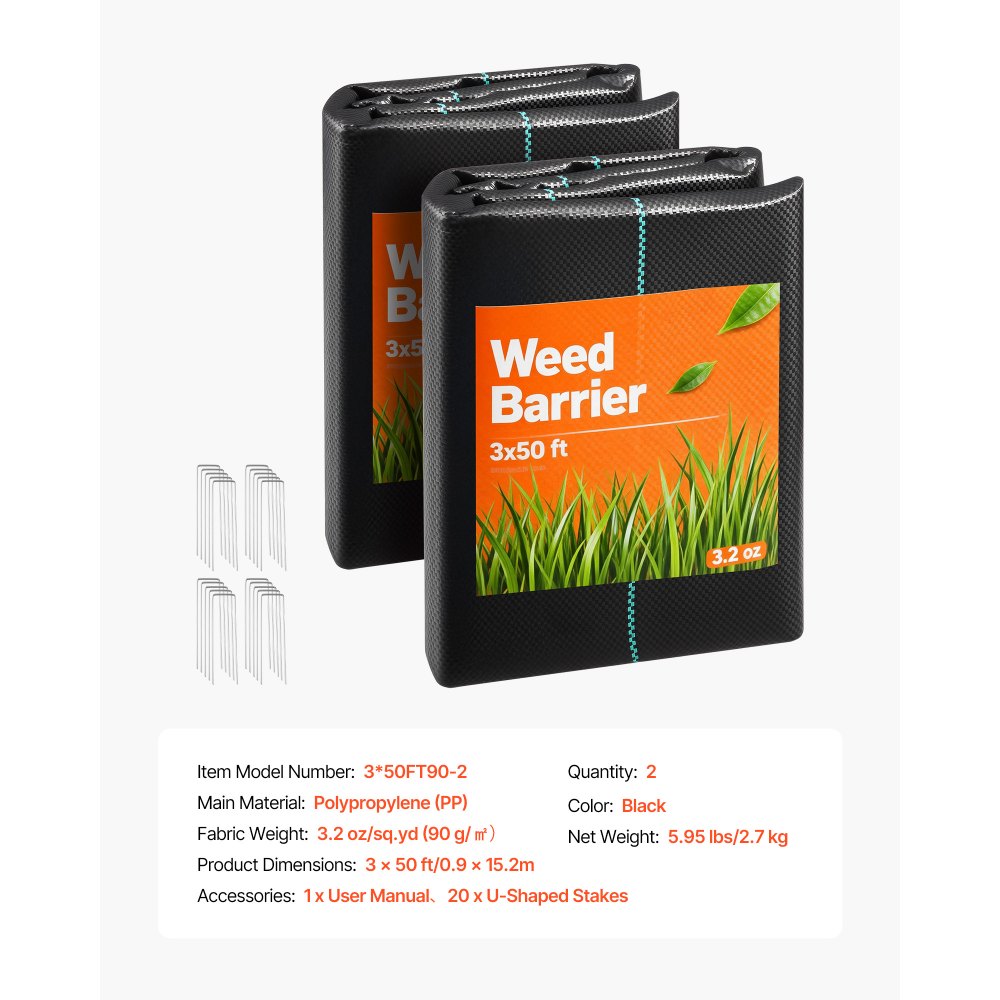 VEVOR Weed Barrier Fabric Heavy Duty, 2 Packs 3x50FT 3.2oz Weed Blocker Fabric, Woven Landscape Fabrics, Garden Fabrics Weeds Barrier, Weeds Control Ground Cover, Geotextile Webbing, Black