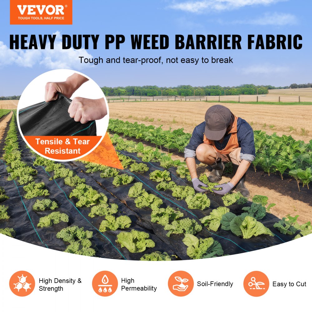 VEVOR 4FTx250FT Premium Heavy Duty Weed Barrier Landscape Fabric, 5OZ Woven Geotextile Fabric Under Gravel, High Permeability for Weed Blocker Weed Mat, Driveway Fabric, Weed Control Garden Cloth