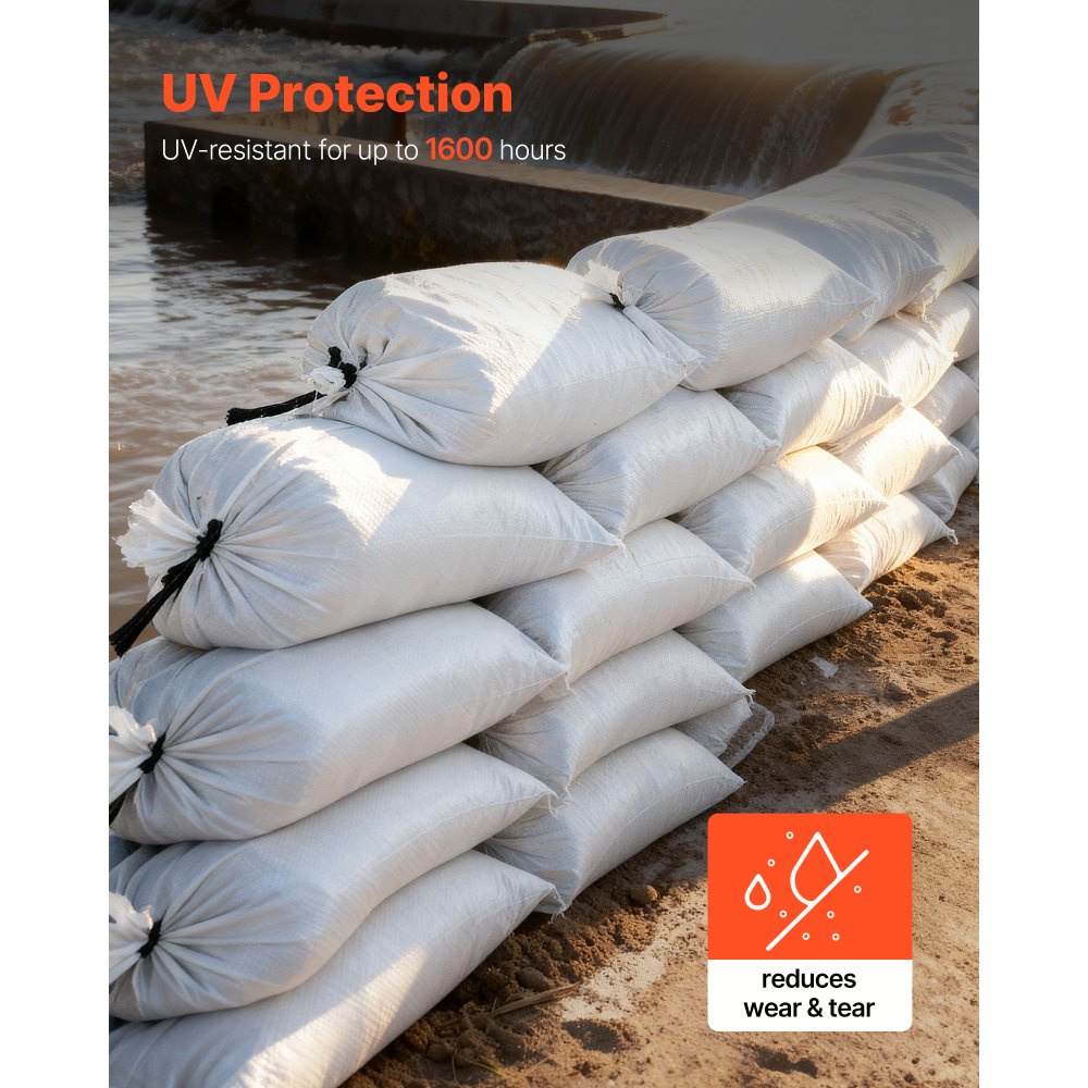 VEVOR Empty Sandbags, 100 Packs 16 x 26 in, Heavy Duty Sand Bags Sacks with Ties, 50lb Capacity Woven Polypropylene Sandbags, Tear-Resistant & UV-Resistant Sand Bags for Flood Protection Barrier
