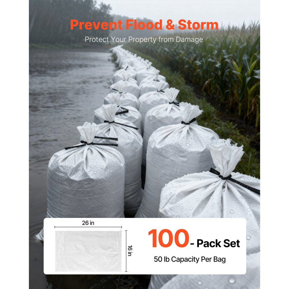 VEVOR Empty Sandbags, 100 Packs 16 x 26 in, Heavy Duty Sand Bags Sacks with Ties, 50lb Capacity Woven Polypropylene Sandbags, Tear-Resistant & UV-Resistant Sand Bags for Flood Protection Barrier