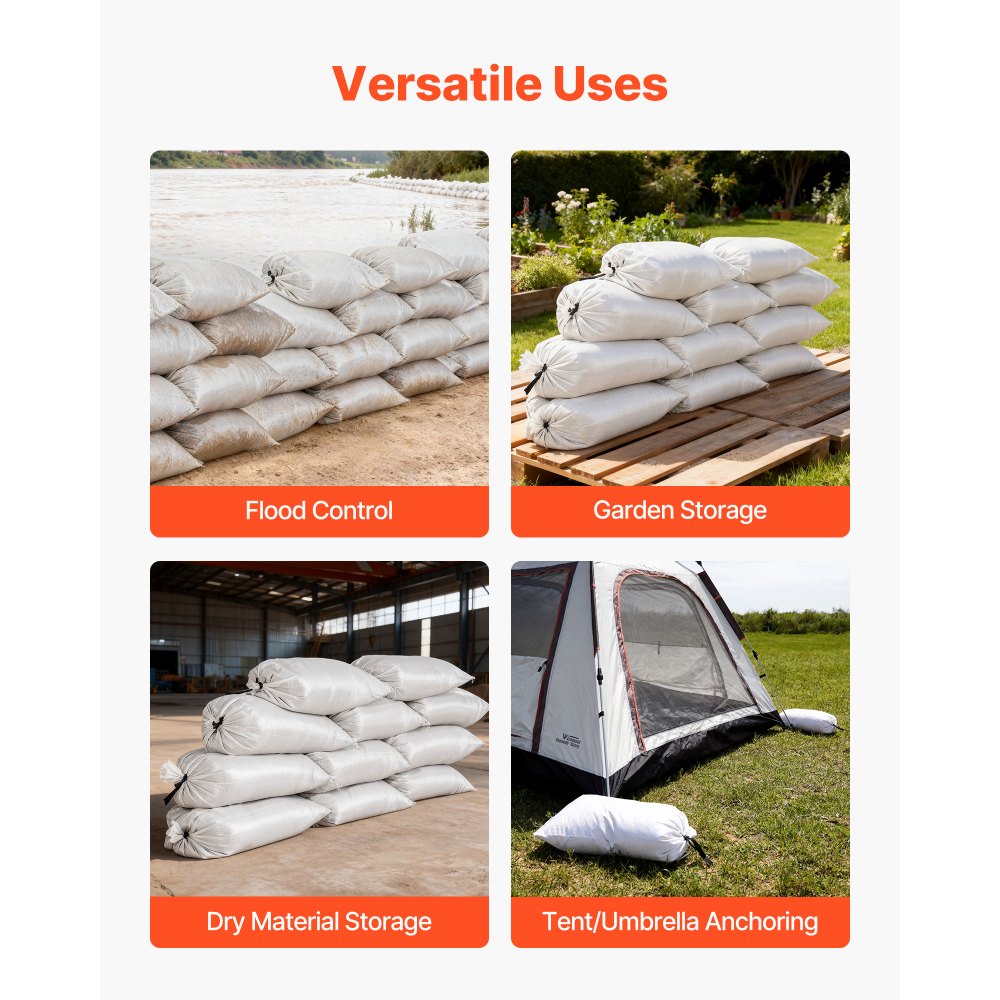 VEVOR Empty Sandbags, 100 Packs 16 x 26 in, Heavy Duty Sand Bags Sacks with Ties, 50lb Capacity Woven Polypropylene Sandbags, Tear-Resistant & UV-Resistant Sand Bags for Flood Protection Barrier
