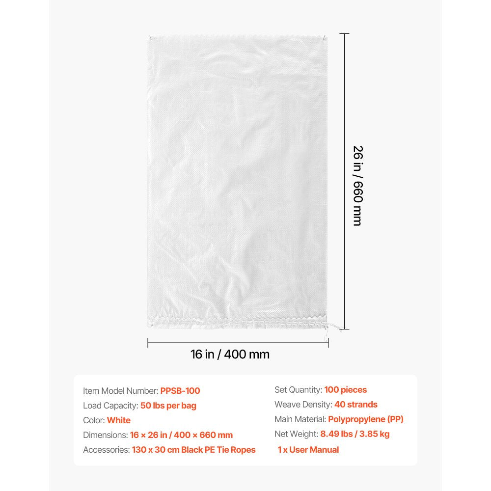 VEVOR Empty Sandbags, 100 Packs 16 x 26 in, Heavy Duty Sand Bags Sacks with Ties, 50lb Capacity Woven Polypropylene Sandbags, Tear-Resistant & UV-Resistant Sand Bags for Flood Protection Barrier