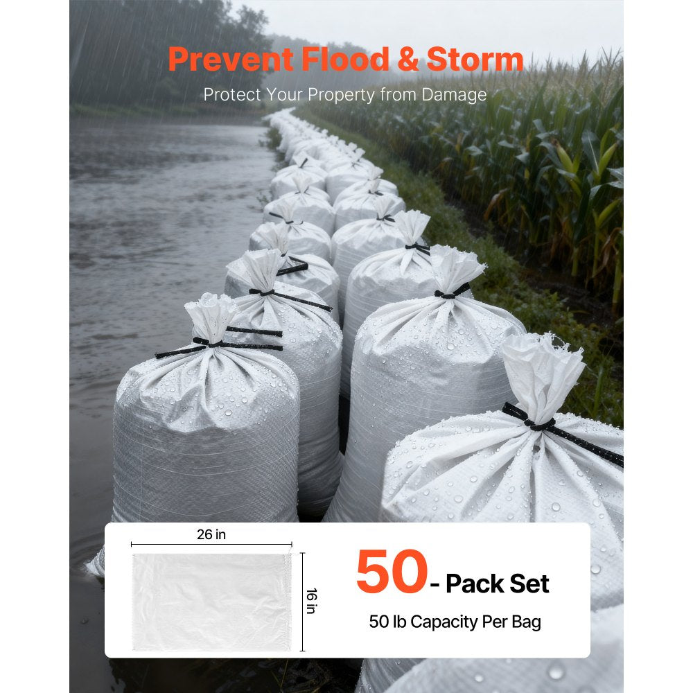 VEVOR Heavy Duty Sand Bags, 50Pack 16" x 26", Empty Sandbags for Flooding with Tie Strings, Woven Polypropylene Sand Bag with 1600 Hours of UV Protection, 50Lbs Capacity