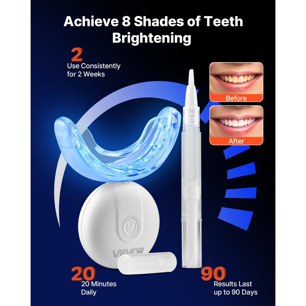 VEVOR Teeth Whitening Kit with LED Light, 32 LED Accelerator Lights, Whitening Strips, Pens and Gel Syringes, U-Shaped Tray, Wireless Portable Kit Fast and Effectively Removes Stubborn Stains