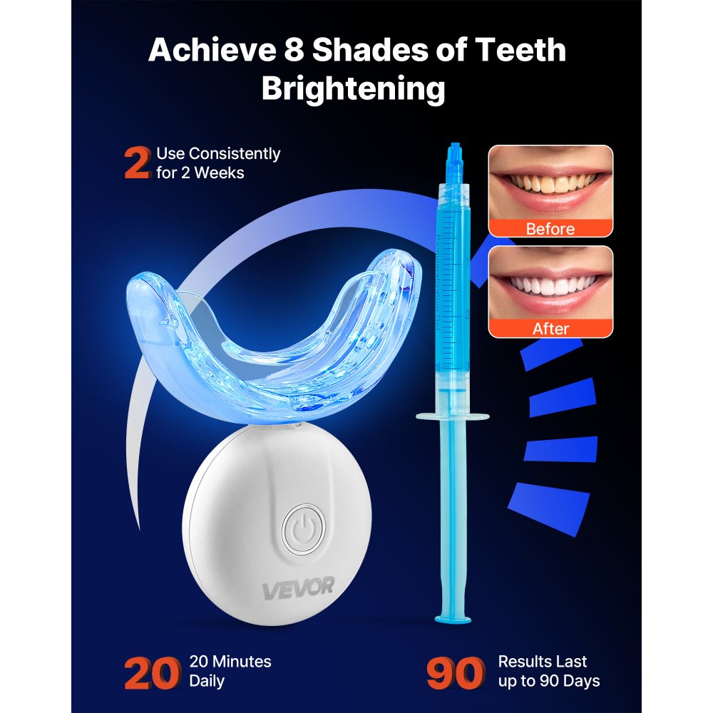 VEVOR Teeth Whitening Kit with LED Light, 32 LED Accelerator Lights, Whitening Gel Syringe, Desensitizing Gel, and U-Shaped Tray, Wireless Portable Kit Fast and Effectively Removes Stubborn Stains