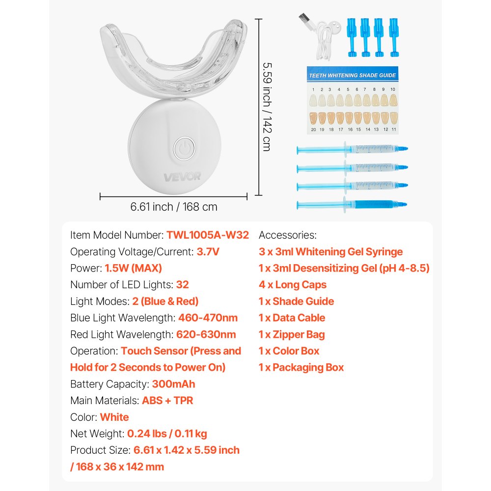 VEVOR Teeth Whitening Kit with LED Light, 32 LED Accelerator Lights, Whitening Gel Syringe, Desensitizing Gel, and U-Shaped Tray, Wireless Portable Kit Fast and Effectively Removes Stubborn Stains