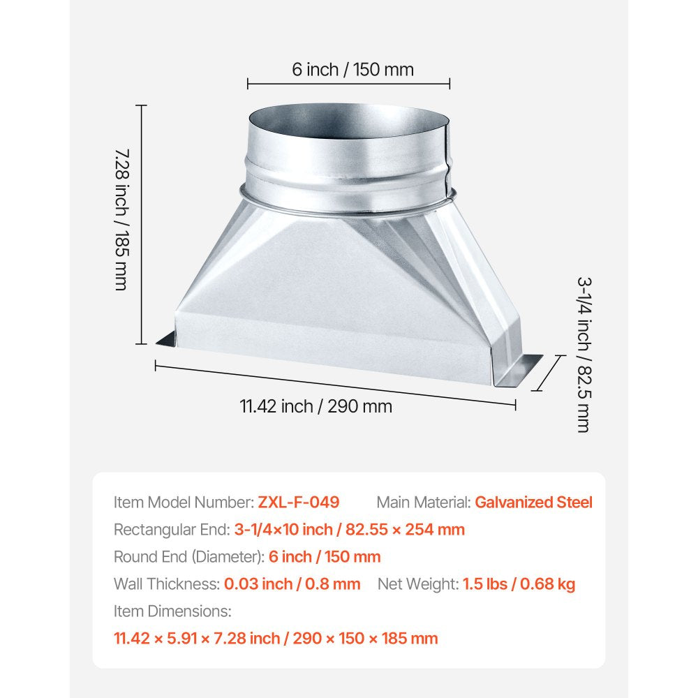 VEVOR Duct Boot, 3-1/4 x 10 x 6 inch Duct End Boot, Galvanized to Round Transition Galvanized Floor Register Tool for Center Ventilation & HVAC System, Easy Installation,Silver (6 in Round Pipe)