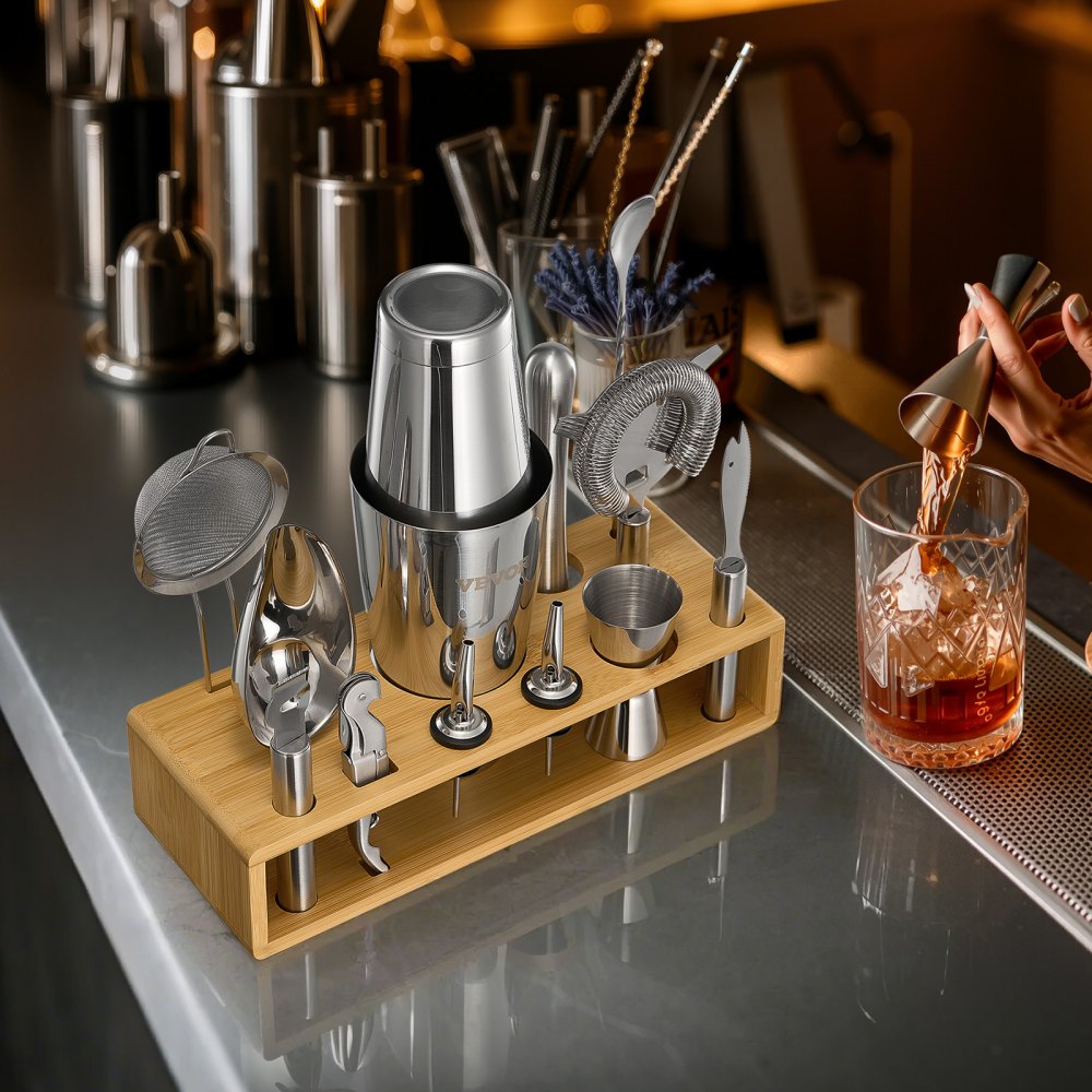 VEVOR Cocktail Shaker Set, 13-Piece Stainless Steel Bar Tools with Bamboo Stand, Boston Bartender Kit Accessories | Mixer Spoon, Muddler, Jigger, Strainer, Liquor Pourers, Ice Scoop, Lemon Zester