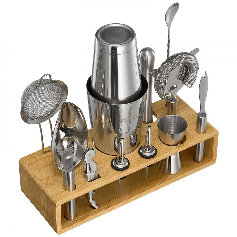 VEVOR Cocktail Shaker Set, 13-Piece Stainless Steel Bar Tools with Bamboo Stand, Boston Bartender Kit Accessories | Mixer Spoon, Muddler, Jigger, Strainer, Liquor Pourers, Ice Scoop, Lemon Zester