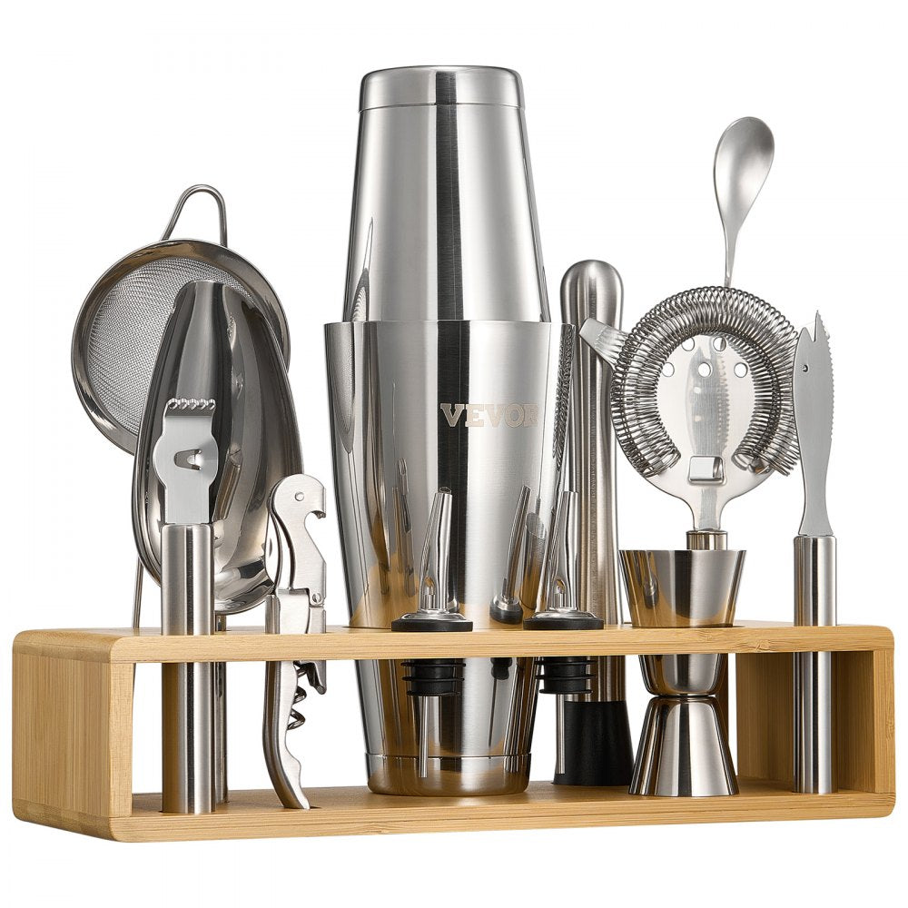 VEVOR Cocktail Shaker Set, 13-Piece Stainless Steel Bar Tools with Bamboo Stand, Boston Bartender Kit Accessories | Mixer Spoon, Muddler, Jigger, Strainer, Liquor Pourers, Ice Scoop, Lemon Zester