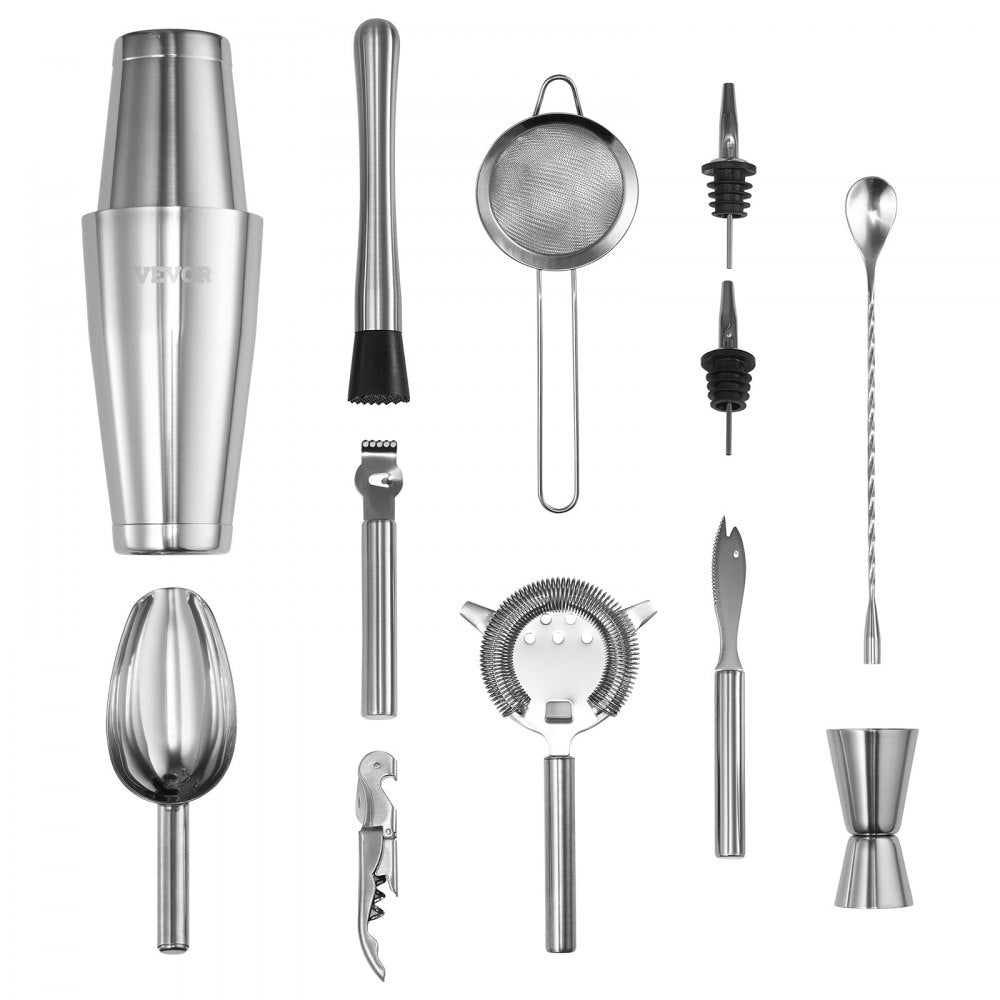 VEVOR Cocktail Shaker Set, 13-Piece Stainless Steel Bar Tools with Bamboo Stand, Boston Bartender Kit Accessories | Mixer Spoon, Muddler, Jigger, Strainer, Liquor Pourers, Ice Scoop, Lemon Zester