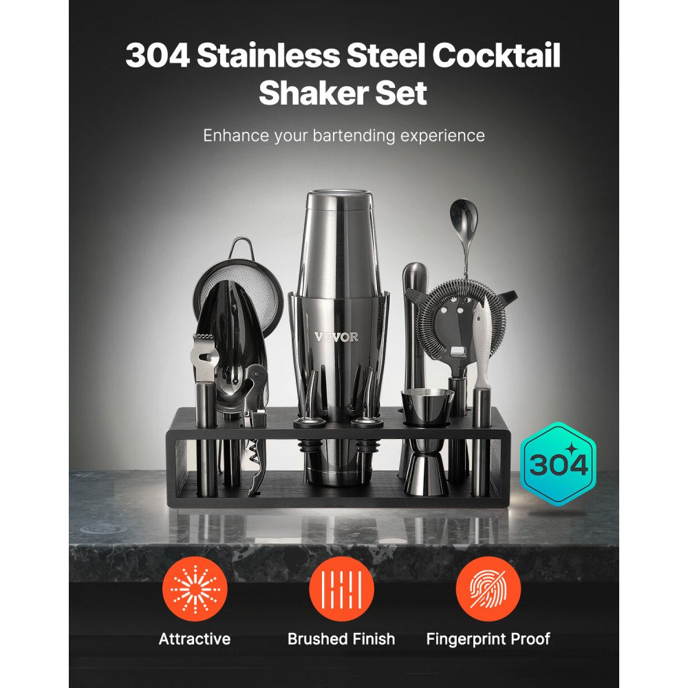 VEVOR Cocktail Shaker Set, 13-Piece Stainless Steel Bar Tools with Bamboo Stand, Boston Bartender Kit | Mixer Spoon, Muddler, Jigger, Strainer, Liquor Pourers, Ice Scoop, Lemon Zester, Gunmetal