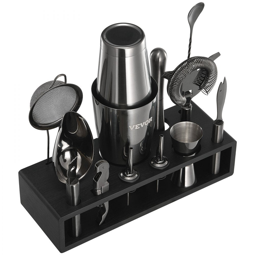 VEVOR Cocktail Shaker Set, 13-Piece Stainless Steel Bar Tools with Bamboo Stand, Boston Bartender Kit | Mixer Spoon, Muddler, Jigger, Strainer, Liquor Pourers, Ice Scoop, Lemon Zester, Gunmetal