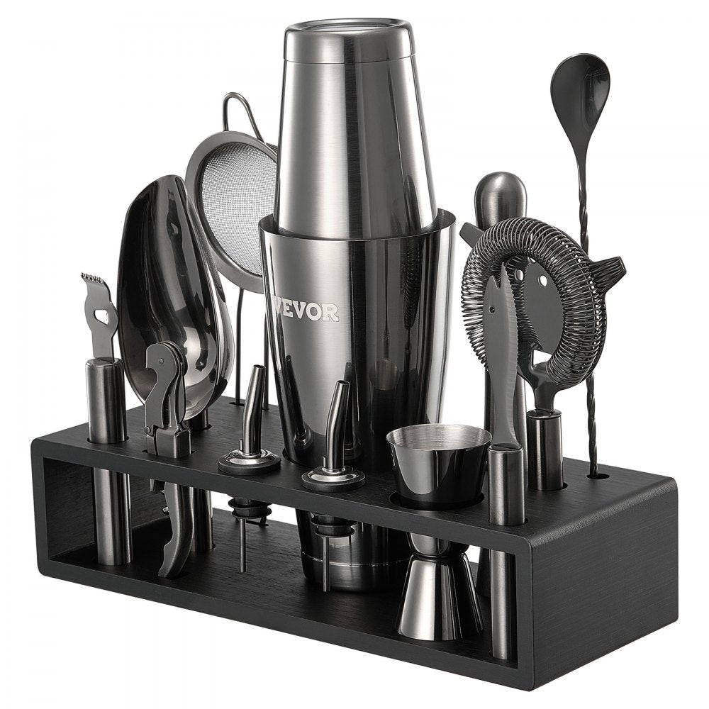 VEVOR Cocktail Shaker Set, 13-Piece Stainless Steel Bar Tools with Bamboo Stand, Boston Bartender Kit | Mixer Spoon, Muddler, Jigger, Strainer, Liquor Pourers, Ice Scoop, Lemon Zester, Gunmetal