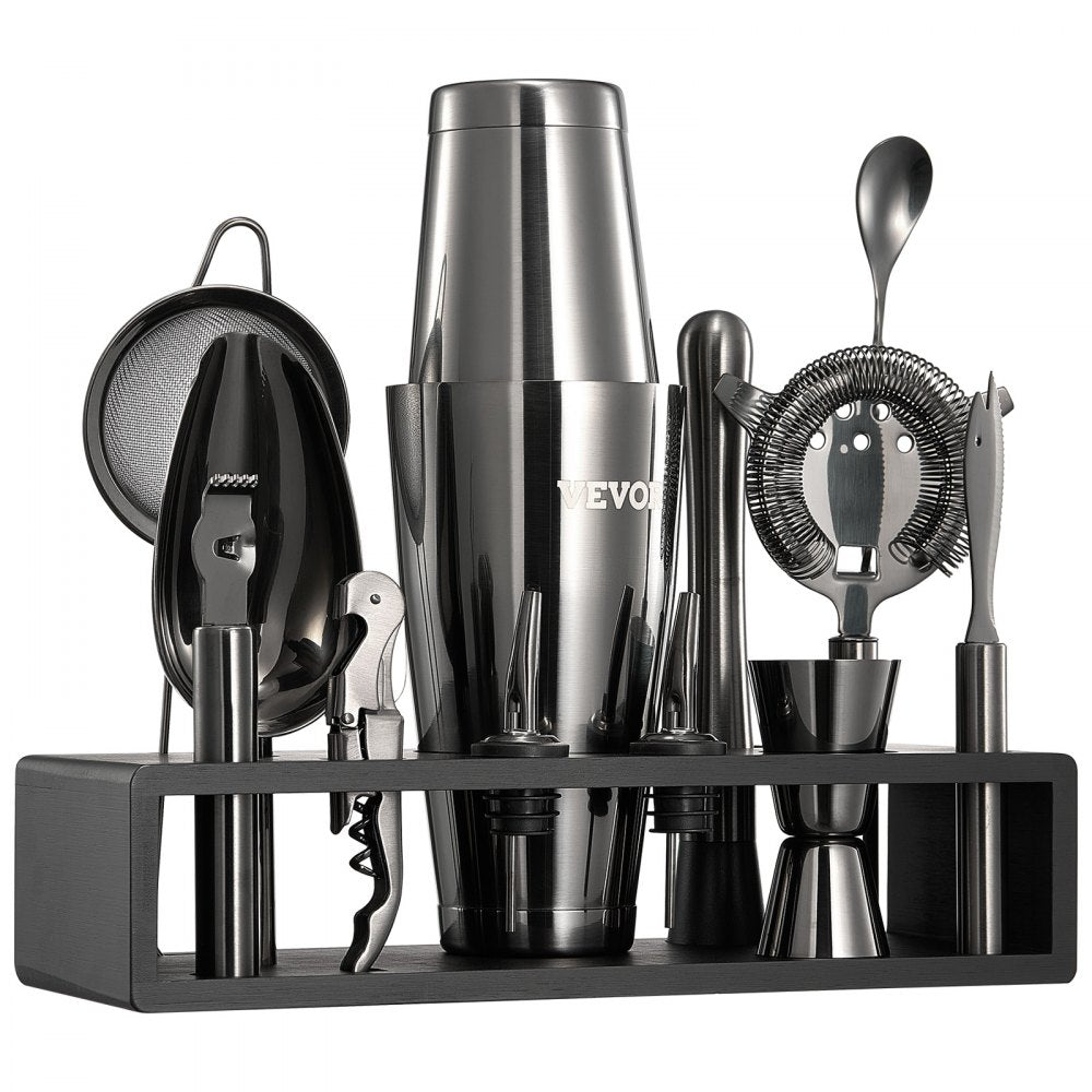 VEVOR Cocktail Shaker Set, 13-Piece Stainless Steel Bar Tools with Bamboo Stand, Boston Bartender Kit | Mixer Spoon, Muddler, Jigger, Strainer, Liquor Pourers, Ice Scoop, Lemon Zester, Gunmetal