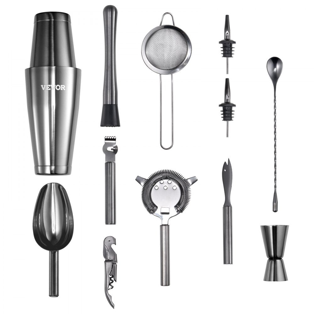 VEVOR Cocktail Shaker Set, 13-Piece Stainless Steel Bar Tools with Bamboo Stand, Boston Bartender Kit | Mixer Spoon, Muddler, Jigger, Strainer, Liquor Pourers, Ice Scoop, Lemon Zester, Gunmetal