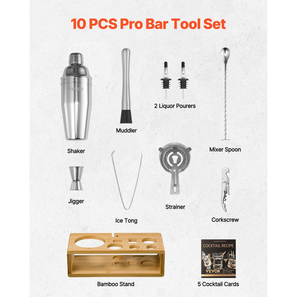 VEVOR Cocktail Shaker Set, 10-Piece Stainless Steel Bar Tools with Bamboo Stand, Martini Bartender Kit Accessories | Mixer Spoon, Muddler, Jigger, Strainer, Liquor Pourers, Ice Tong, Corkscrew, Silver