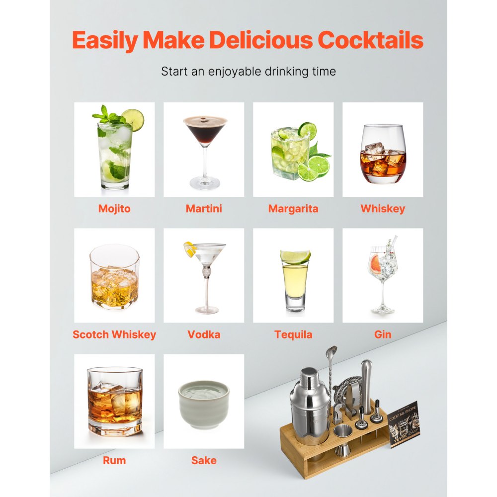 VEVOR Cocktail Shaker Set, 10-Piece Stainless Steel Bar Tools with Bamboo Stand, Martini Bartender Kit Accessories | Mixer Spoon, Muddler, Jigger, Strainer, Liquor Pourers, Ice Tong, Corkscrew, Silver