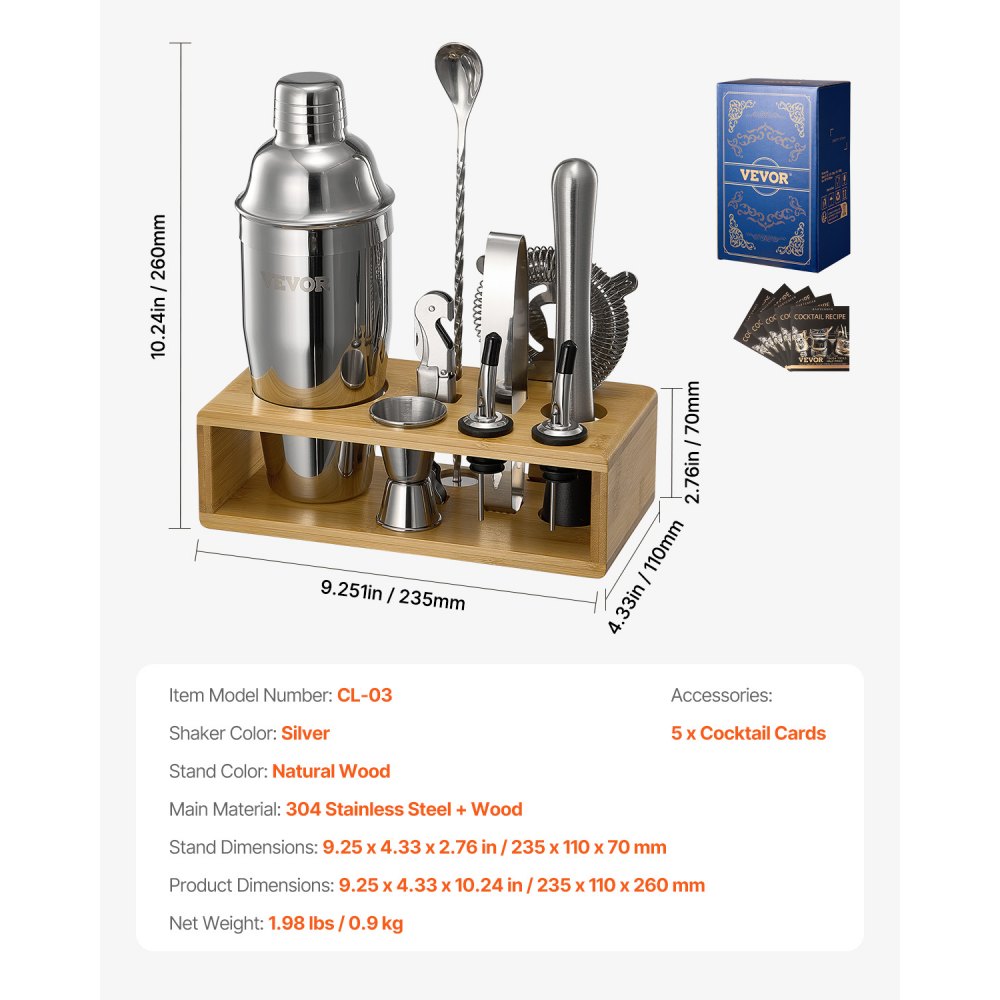 VEVOR Cocktail Shaker Set, 10-Piece Stainless Steel Bar Tools with Bamboo Stand, Martini Bartender Kit Accessories | Mixer Spoon, Muddler, Jigger, Strainer, Liquor Pourers, Ice Tong, Corkscrew, Silver